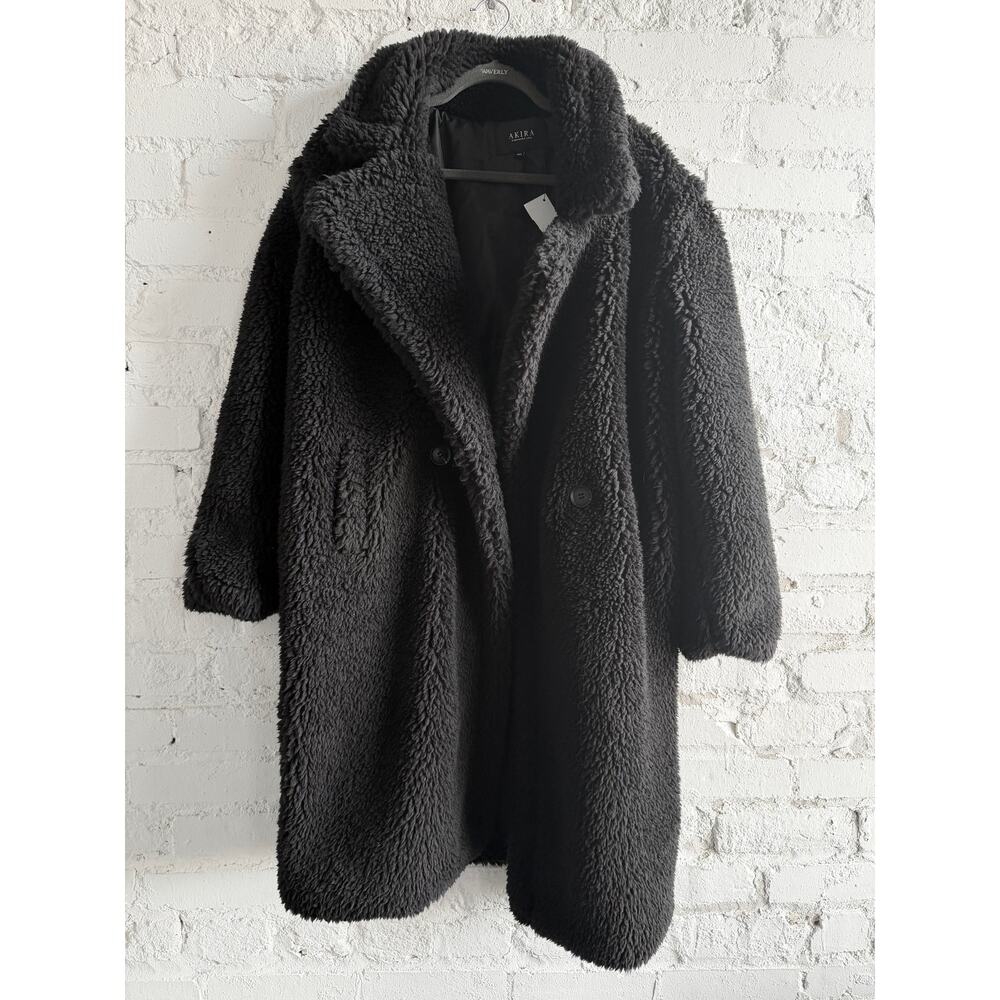 AKIRA Naomi Black Teddy Coat M/L Plush Faux Shearling Longline Jacket NWT